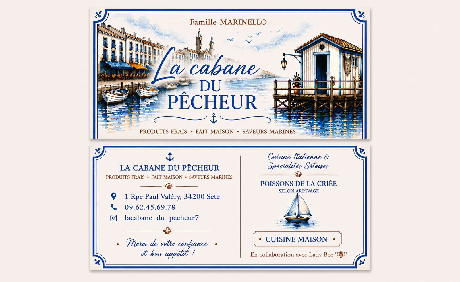 Vue illustrée de La Cabane du Pêcheur sur les quais de Sète, cabane sur pilotis et port
